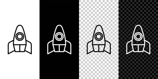 Establecer línea Cohete nave icono aislado en blanco y negro, fondo transparente. Viaje espacial. Vector — Vector de stock