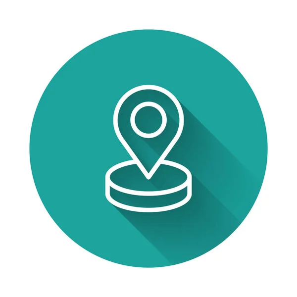 White line Map pin icon isolated with long shadow background. Navigation, pointer, location, map, gps, direction, place, compass, search concept. Green circle button. Vector — Stok Vektör