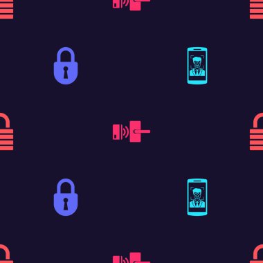 Set Mobile and face recognition, Lock, Digital door lock with wireless and  on seamless pattern. Vector.