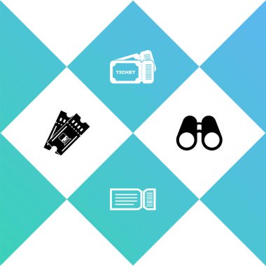 Tren bileti, bilet ve dürbün simgesini ayarla. Vektör.