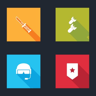 Askeri bıçağı, havacılık bombasını, miğferi ve sembol simgesini hazırlayın. Vektör.