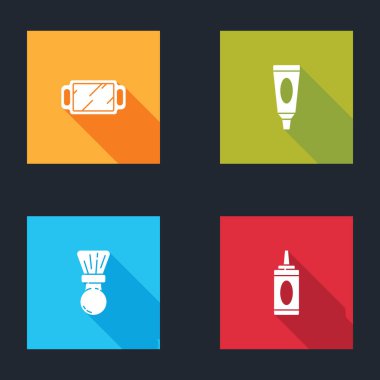 El aynası, krem losyon kozmetik tüp, tıraş fırçası ve şampuan ikonu hazırla. Vektör.