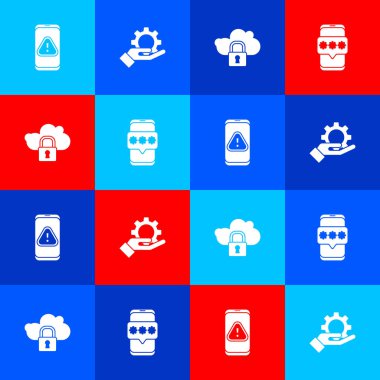 Cep telefonunu ünlem işareti, el ayarları, bulut bilgisayar kilidi ve şifre simgesi ile ayarla. Vektör.