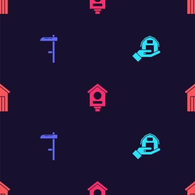 Çiftlik evini, Scythe 'ı, Bird' ü ve Wooden 'ı açık hava tuvaletine yerleştirin. Vektör.