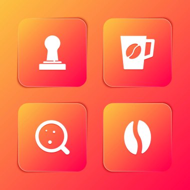 Kahve karıştırıcıyı, fincanı ve fasulye ikonunu hazırla. Vektör.