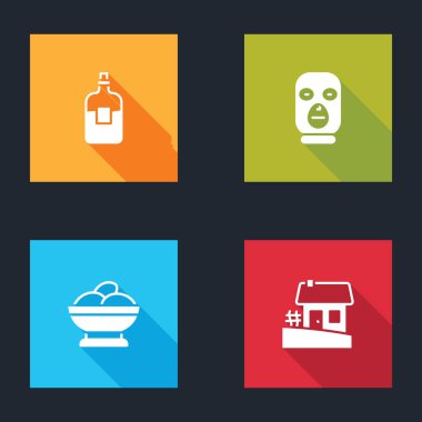 Bir şişe votka, Hırsız maskesi, kasede Varenyky ve Ukrayna ev ikonu. Vektör.