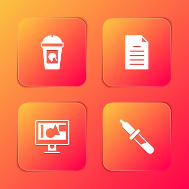 Set Coffee cup to go, File document, Computer monitor screen and Pipette icon. Vector.