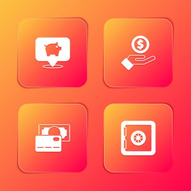 Piggy Bank 'ı, El Veren Para' yı, Kredi kartını ve Kasa ikonunu ayarla. Vektör