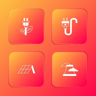 Set Electric saving plug in leaf, , Solar energy panel and Nuclear power plant icon. Vector