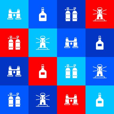 Dürbünü, rom şişesini, Aqualung 'u ve Deniz feneri simgesini ayarla. Vektör