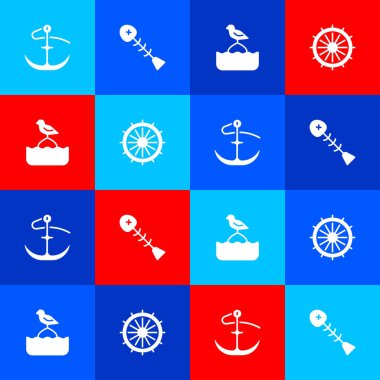 Set Anchor, Dead fish, Seagull sits on buoy and Ship steering wheel icon. Vector