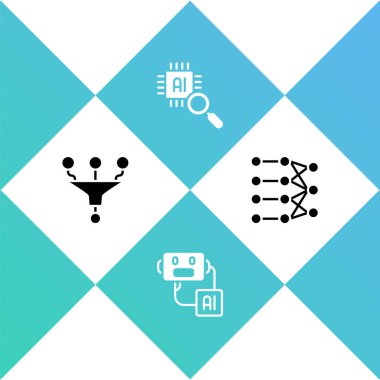 Huni veya filtre, yapay zeka robotu, işlemci işlemcisi ve sinirsel ağ simgesini ayarla. Vektör