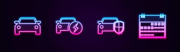 Set Line Car Electric Car Protection Insurance Calendar Glowing Neon — Stockvector