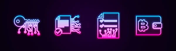 Set Line Cryptocurrency Key Smart Contract Wallet Glowing Neon Icon — стоковый вектор