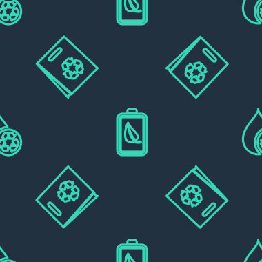 Eko doğa yaprak ve bataryasını, geri dönüşümlü alışveriş torbasını ve temiz suyu pürüzsüz desenli geri dönüşümlü hale getir. Vektör.