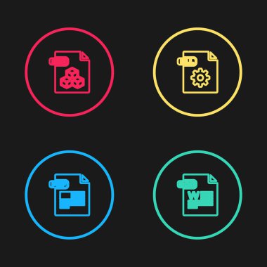 Satır PDF dosya belgesi, DOC, DLL ve 3DS simgesini ayarla. Vektör.