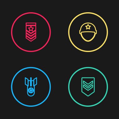 Nükleer bomba, Chevron, askeri miğfer ve ikon hattı kurun. Vektör.