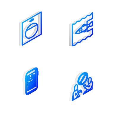 Set Isometric line Stop ocean plastic pollution, Battery in pack,  and  icon. Vector.