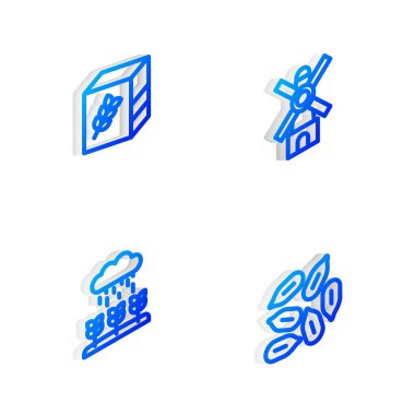 Isometric hattı yel değirmeni, un paketi, bitki filizleri yağmur ve tohum ikonu yetiştirir. Vektör