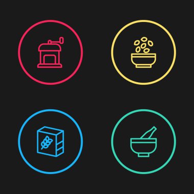 Çizgili un paketi, havan topu ve tokmak, kase içinde tohumlar ve el yapımı kahve öğütücü ikonu. Vektör