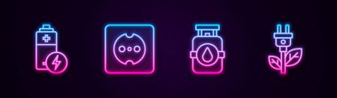 Hat bataryasını, elektrik prizini, propan benzin deposunu ve fişi yaprağa kaydet. Parlayan neon ikonu. Vektör