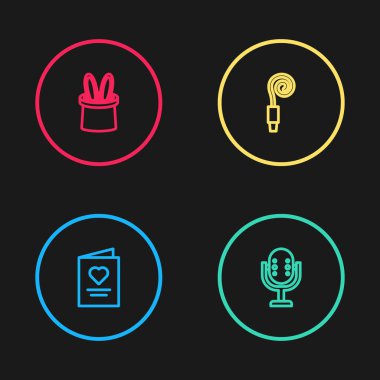 Kartpostalda kalp, mikrofon, doğum günü kornası, sihirbaz şapkası ve tavşan kulağı ikonu olsun. Vektör