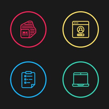 Satır panosunu kontrol listesi, dizüstü bilgisayar, hesap ekranı ve işlemci simgesi ile ayarla. Vektör