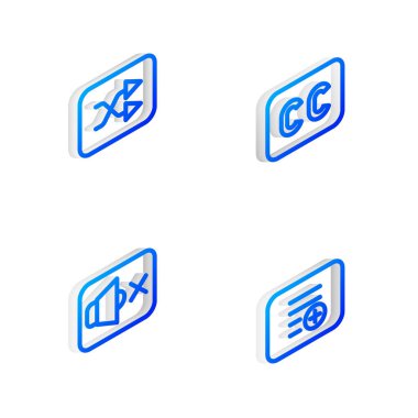 Set Isometric line Subtitles, Arrow shuffle, Speaker mute and Add to playlist icon. Vector