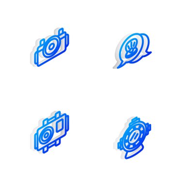 Isometric hattını deniz kabuğu dalgıç için fotoğraf makinesi ve Aqualung simgesini ayarla. Vektör