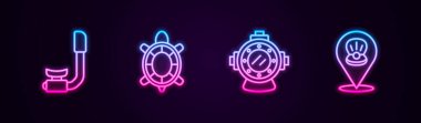 Snorkel, Turtle, Aqualung ve Scallop deniz kabuklarını ayarlayın. Parlayan neon ikonu. Vektör