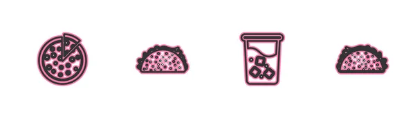 Set Line Pizza Glass Water Taco Tortilla Icon Vector — 스톡 벡터