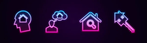 Set Line Man Dreaming Buying House Search House Key Glowing — Stockvektor