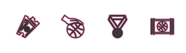 Set Line Tiket Permainan Basket Medali Tangan Dengan Bola Basket - Stok Vektor