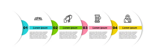 设置线 穆斯林男子祈祷 手在祈祷的位置 中世纪的高脚杯和妇女头巾 业务信息模板 — 图库矢量图片