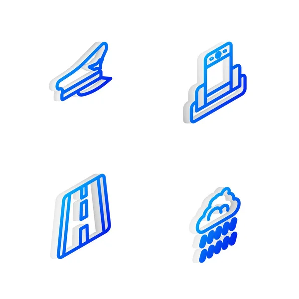 Set Isometrische Lijn Metalen Detector Luchthaven Pilot Hoed Airport Start — Stockvector