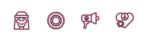 Set Line Hippie Girl Megaphone Sun Love Peace Icon Vector — Vettoriale Stock