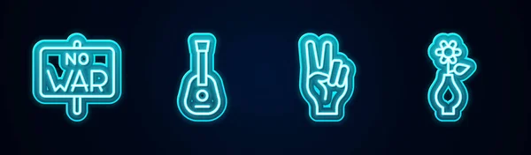 Set Line War Guitar Peace Symbol Flower Vase Glowing Neon — стоковий вектор