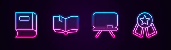 Set Line Book Open Book Chalkboard Medal Star Glowing Neon — Stockvector