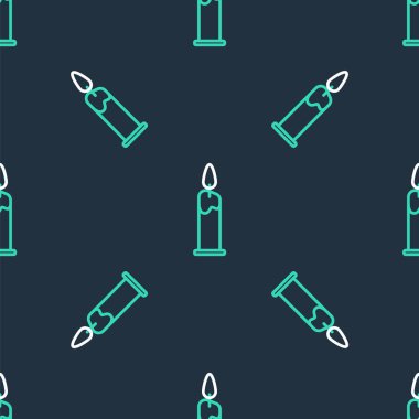 Şamdan simgesinde çizgi yakan mum siyah arkaplanda izole edilmiş pürüzsüz desen. Silindirik mum çubuğu ve yanan ateş. Vektör