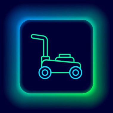 Parlayan neon hattı çim biçme makinesi simgesi siyah arkaplanda izole edildi. Çim biçme makinesi çim biçiyor. Renkli taslak konsepti. Vektör