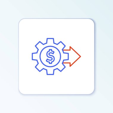 Dolar sembollü çizgi dişlisi beyaz arka planda izole edilmiş. İş ve finans kavramsal ikonu. Renkli taslak konsepti. Vektör