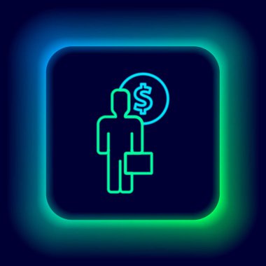 Parlayan neon hattı iş adamı kara arka planda izole edilmiş zihin ikonu planlıyor. Dolarlı insan kafası. Para kazanmak için bir fikir. Yatırım artışı. Renkli taslak konsepti. Vektör
