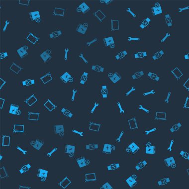 Güç bankası servisini, İngiliz anahtarını, Smartwatch 'ı ve laptop' ı kusursuz bir şablona ayarla. Vektör.