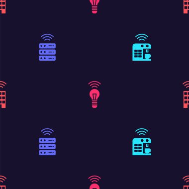 Akıllı kahve makinesini, sunucuyu, ampulü ve evdeki kablosuz bağlantıyı ayarlayın. Vektör.