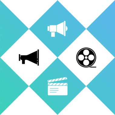Megafon, film alkışları ve film makarası simgesini ayarla. Vektör.