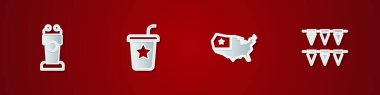 Set Stage stand or tribune, Paper glass with straw, USA map and Carnival garland flags icon. Vector