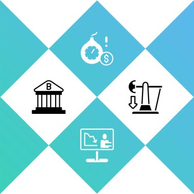 Set Bank Binası, Küresel Ekonomik Kriz Haberleri, Para Bombası Doları ve Damla ham petrol fiyat ikonu. Vektör