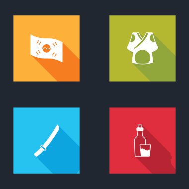 Güney Kore bayrağı, Kimono, Katana ve Soju şişe ikonu. Vektör