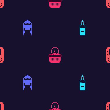 Bir şişe şarap, kış şapkası, sepet, yiyecek ve termometre. Vektör