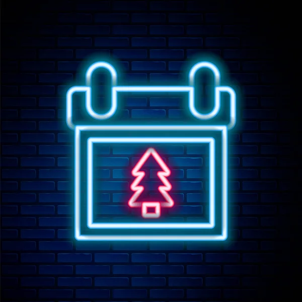 Glowing Neon Line Calendar Tree Icon Isolated Brick Wall Background — Archivo Imágenes Vectoriales